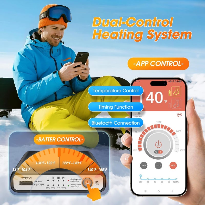 JYew AI Heated Socks for Men Women,20000mAh Rechargeable Battery Electric Socks Up to 16 Hours Washable Heating Socks for Camping Skiing Motorcycle Driving Hiking Outdoor Working (Black) - Image 3
